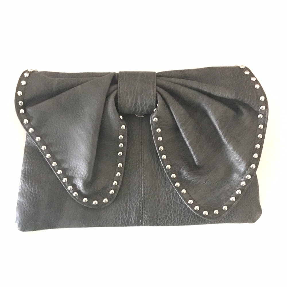 Gray Studded Bow Clutch Bag with Chain Strap | Convertible Satchel Purse